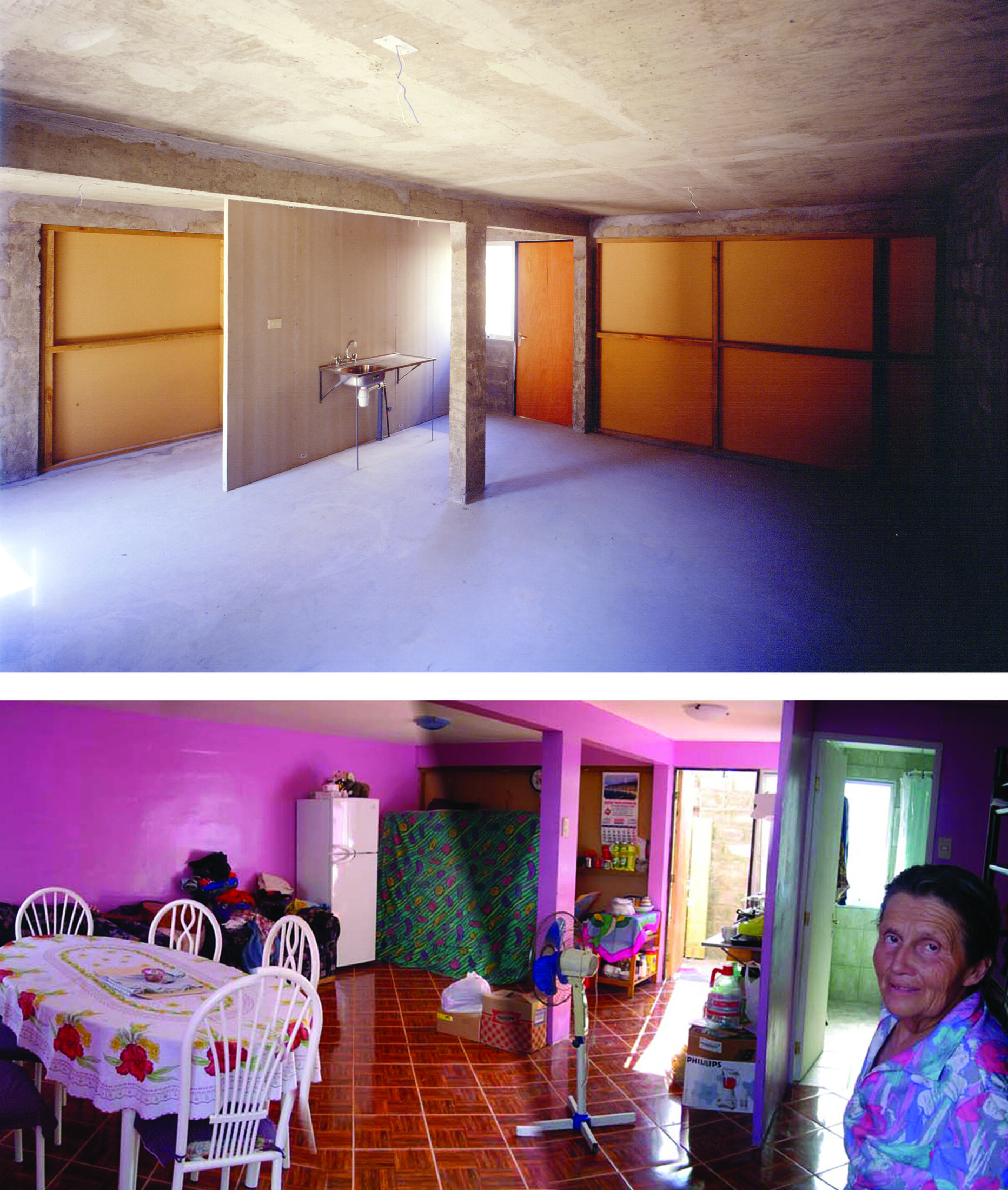 Before and after comparison showing the growth of Quinta Monroy homes